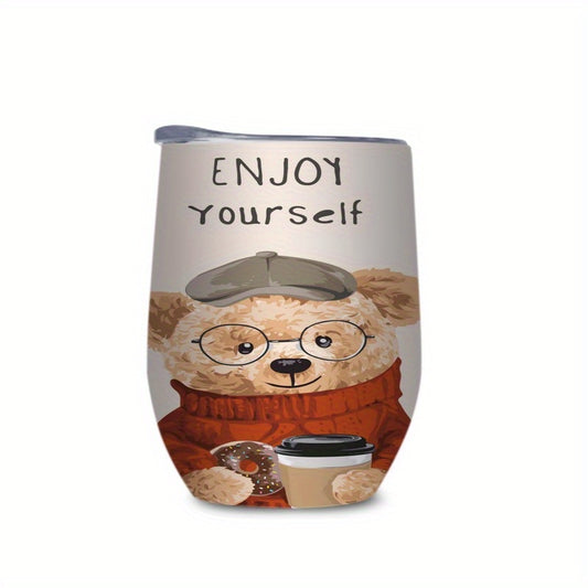 Stainless Steel Insulated Coffee Cup with Bear Enjoy Yourself Print