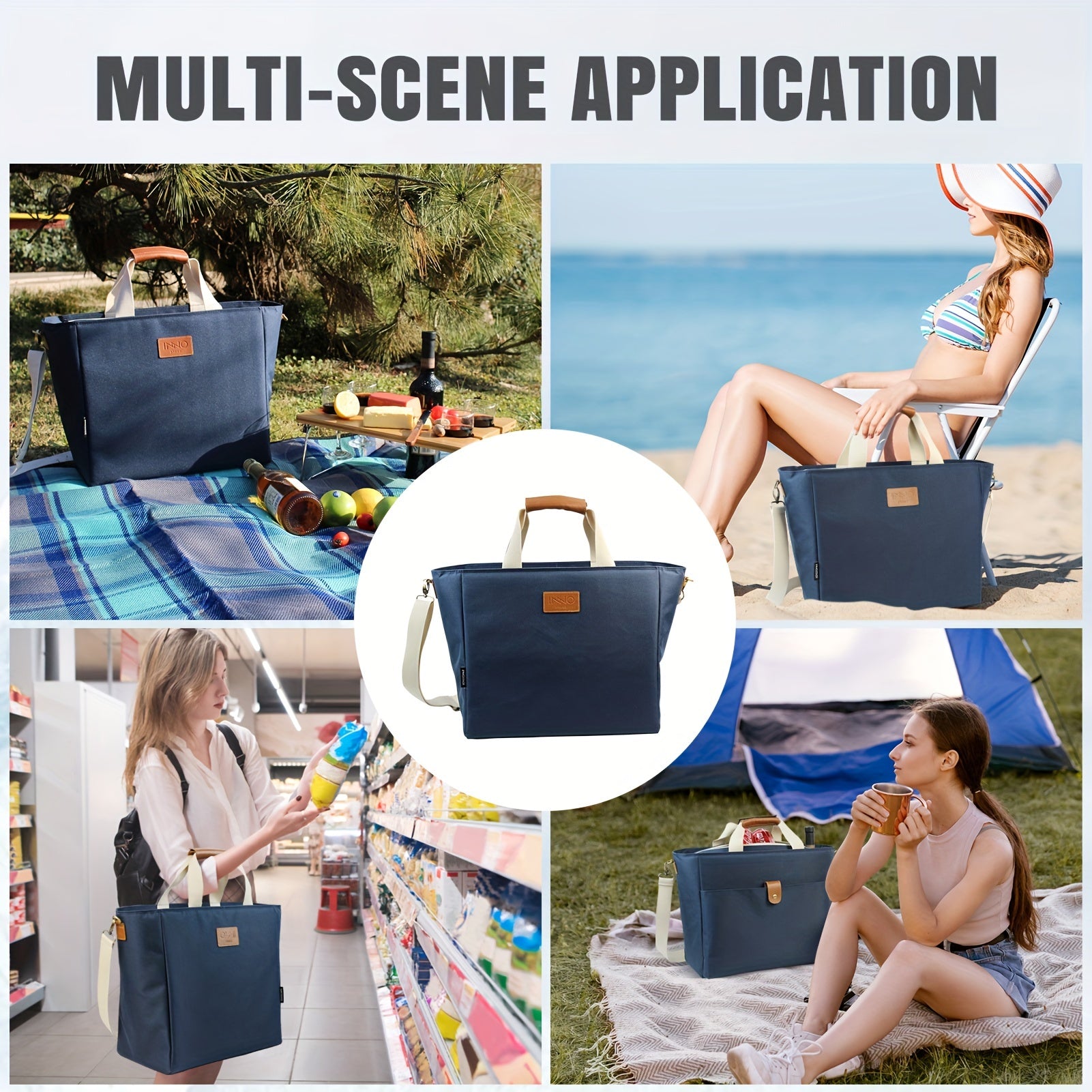 40L Insulated Picnic Cooler Tote Bag Navy Faux Leather Handles
