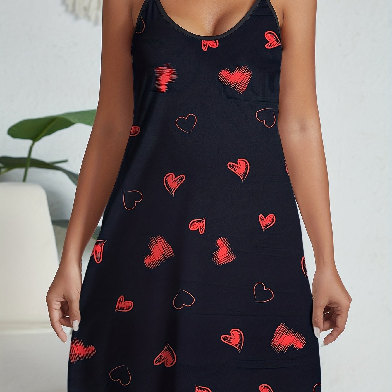Heart Print Nightdress Crew Neck Sleep Dress Women's Sleepwear