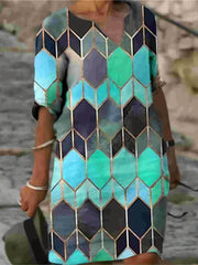 Multicolor V Neck Long Dress Mature Loose Sleeve Waist Dress