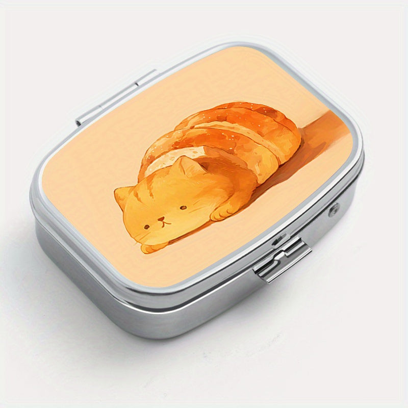 Bread Cat Print Medicine Box Two Compartment Pill Box Mini Portable Medic