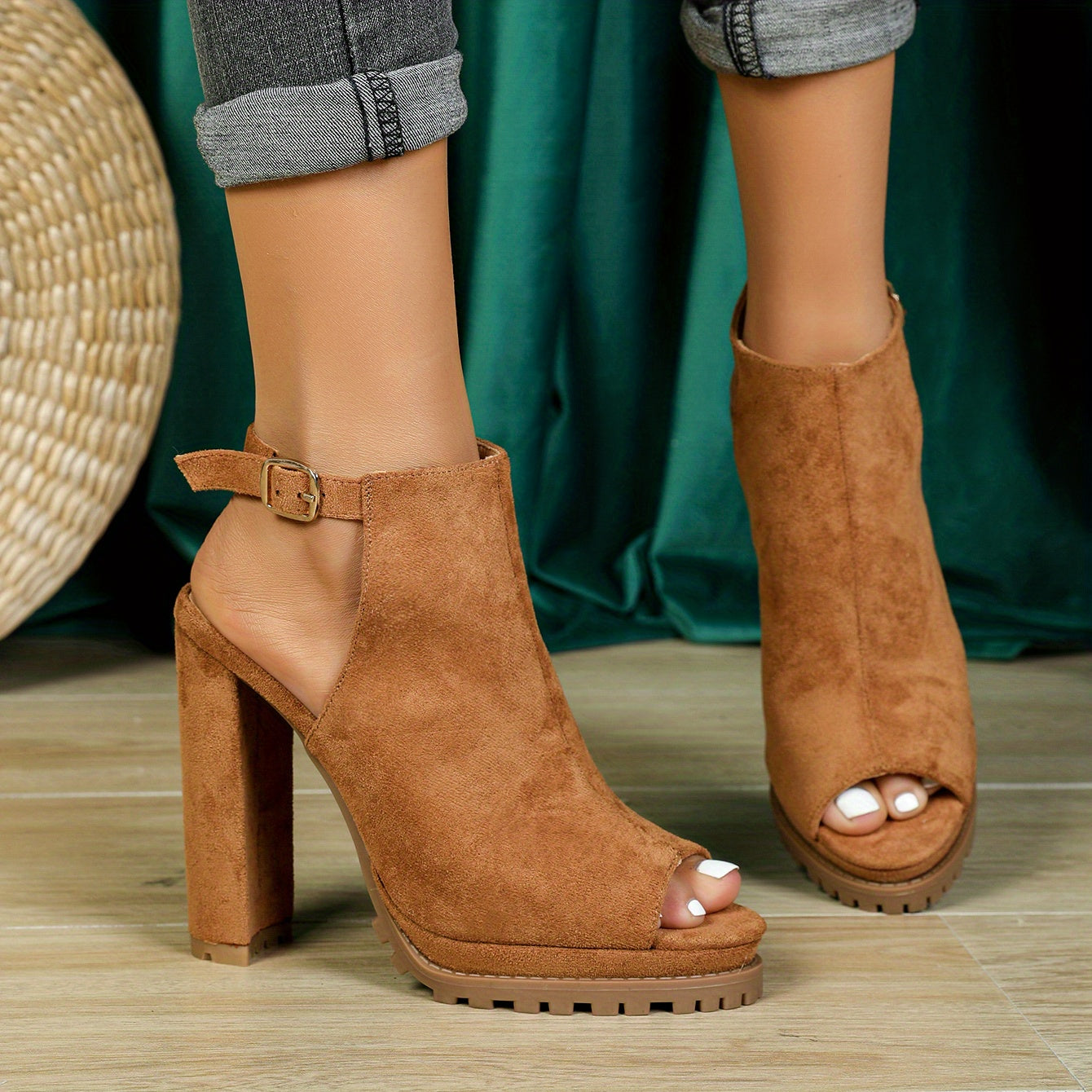 Chunky Heeled Sandals Open Toe Round Toe High Heels Women's Ankle Strap Shoes