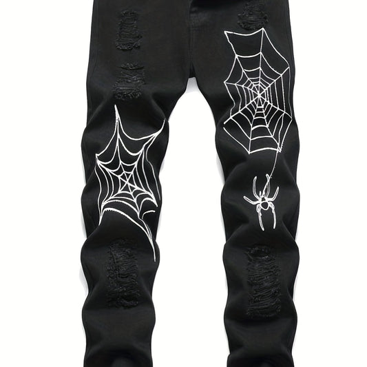 Spider Web Pattern Slim Fit Ripped Jeans Men's Casual Street Style Denim Pants
