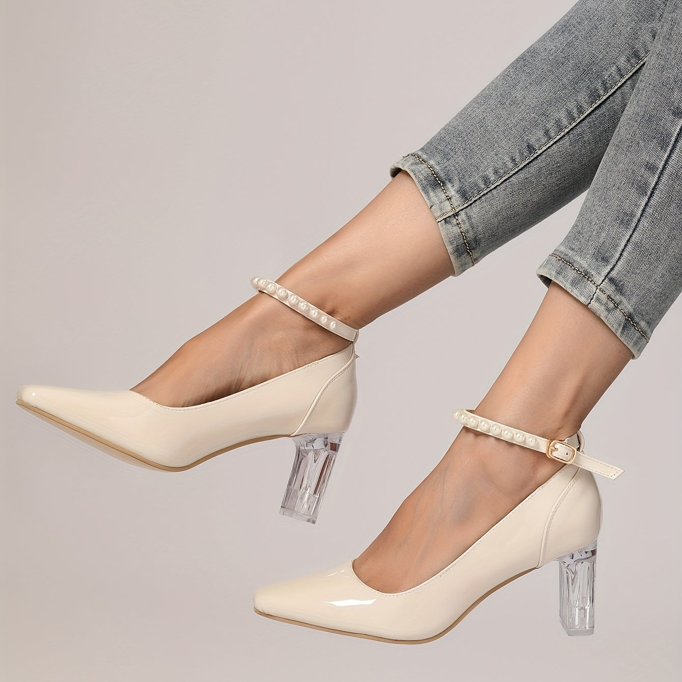 Women's Ankle Strap Faux Pearl High Heels