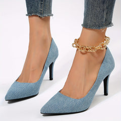 Women's Denim Stiletto Heels Point Toe Work Pumps