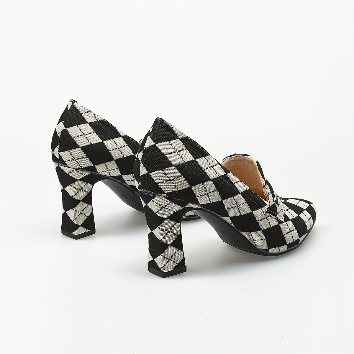 Women's Argyle Pattern Pumps Chunky Heels Slip On
