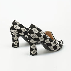 Women's Argyle Pattern Pumps Chunky Heels Slip On