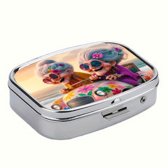 Whimsical Driving Grandmas Pill Box 2 Compartment Metal Medicine Case
