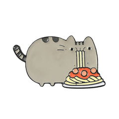 Cute Gray Cat Eating Noodle Brooch