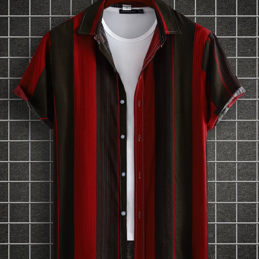 Men's Casual Red Stripe Short Sleeve Shirt Hawaiian Style