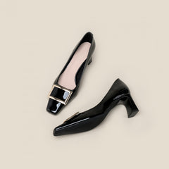 Women's Square Buckle Pumps Square Toe Chunky Heels