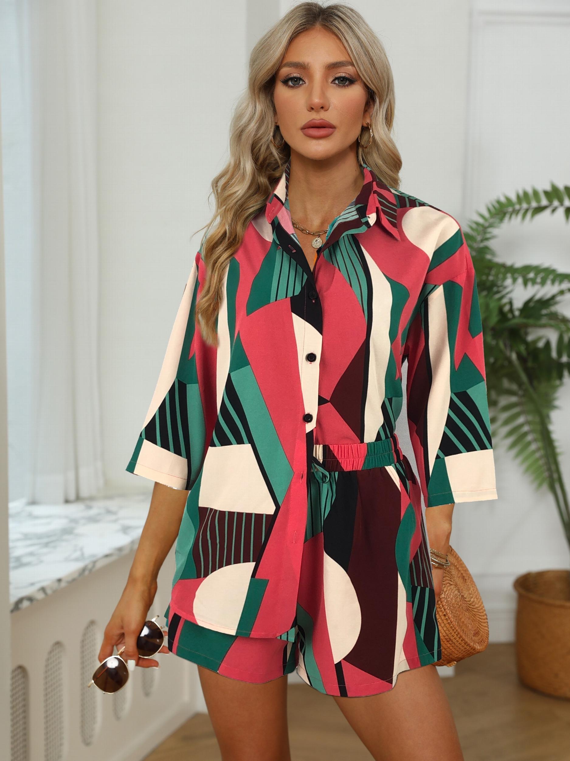 Casual Block 2pc Set Shirt & Drawstring Shorts Outfits Women's Clothing