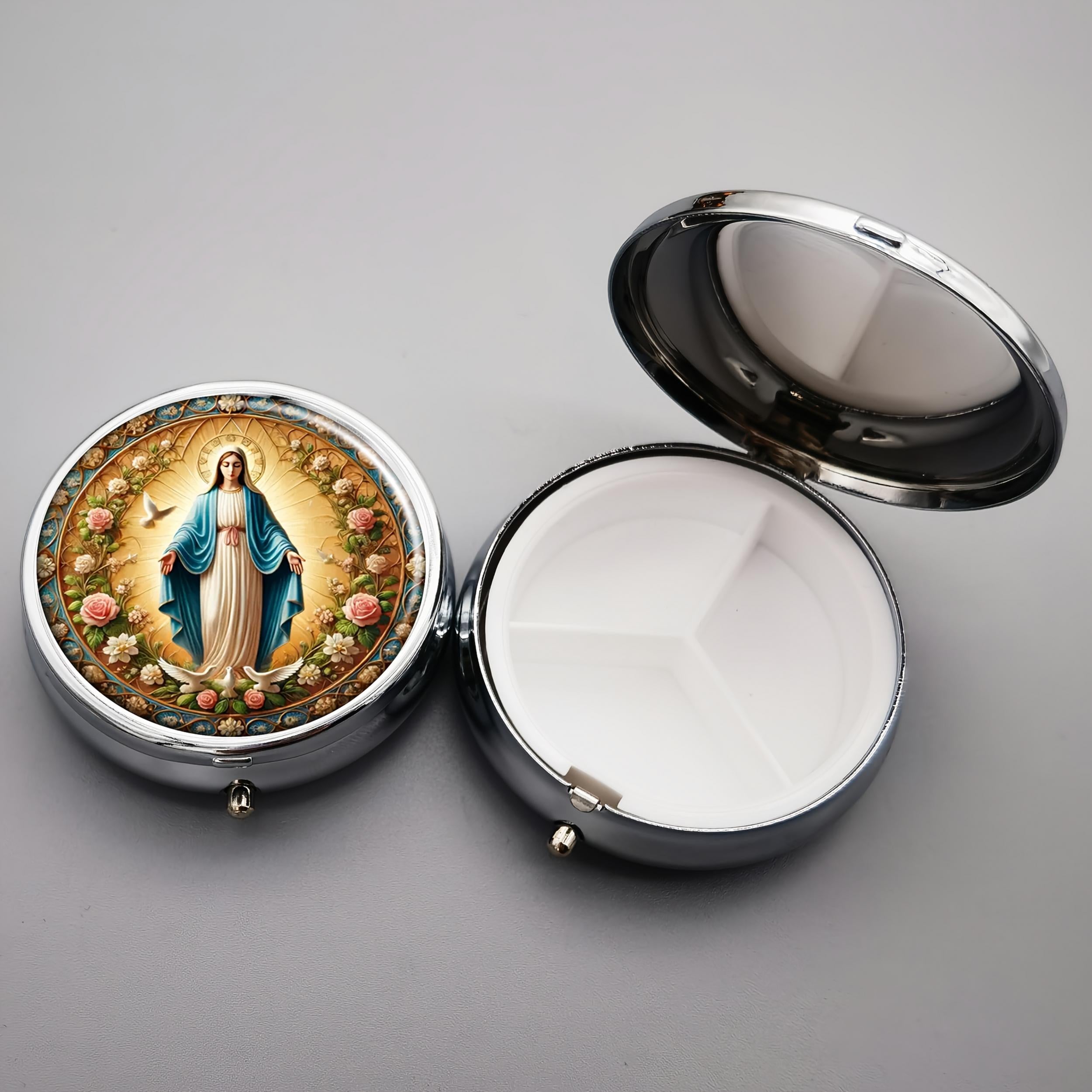 Virgin Mary Metal Pill Box 3 Compartment Portable Organizer