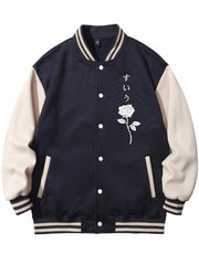 Rose Pattern Embroidery Varsity Jacket Men's Casual Block Button Up Jacket