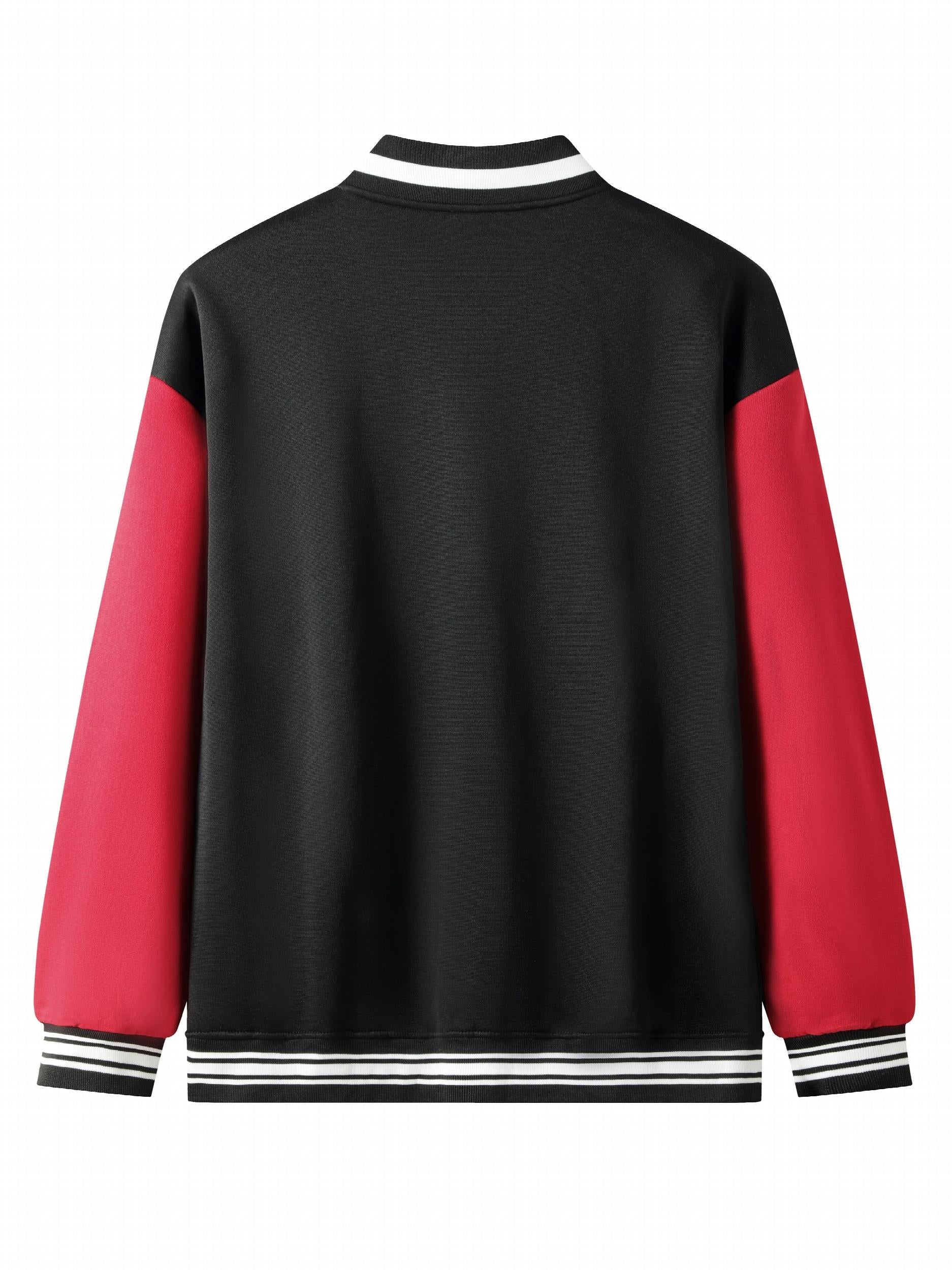 Men's Casual Baseball Jacket W Print Button Fleece Coat Block Outerwear Top