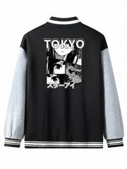 Anime Portrait Embroidery Varsity Jacket Men's Casual Block Button Up