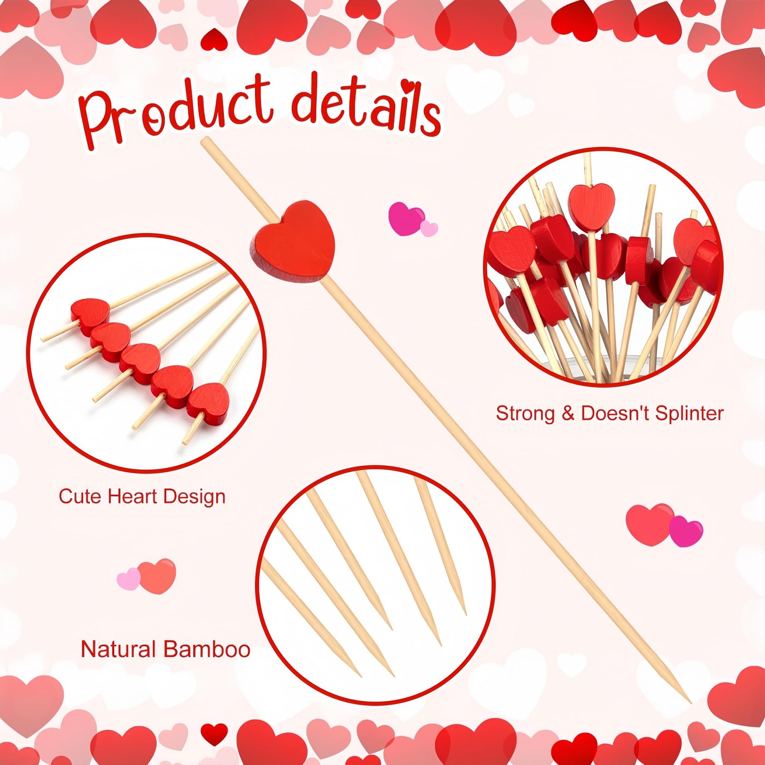 100pcs Red Heart Cocktail Picks Bamboo Skewers for Party Food Drinks