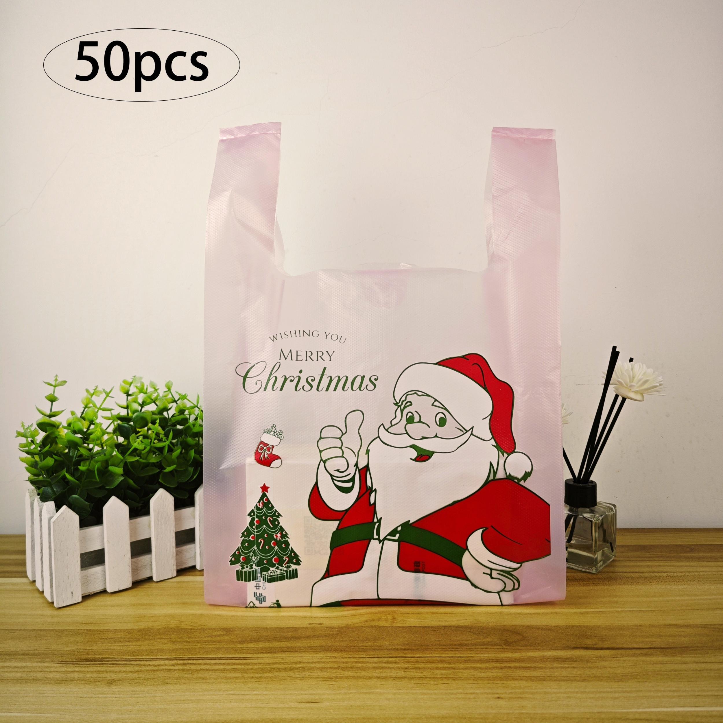 50pcs Pink Christmas Bags Santa Claus Printed Plastic Bags