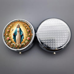 Virgin Mary Metal Pill Box 3 Compartment Portable Organizer