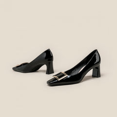 Women's Square Buckle Pumps Square Toe Chunky Heels