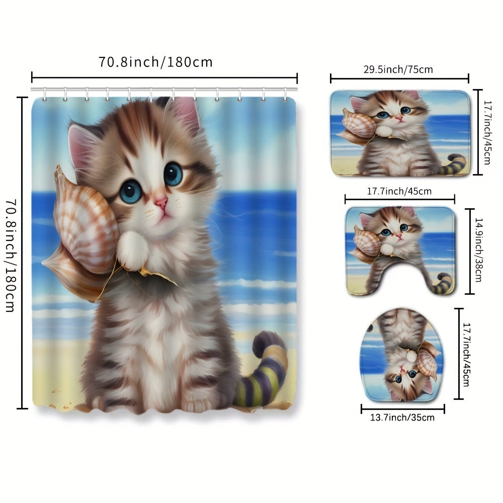 Waterproof Cartoon Cat Shower Curtain Set