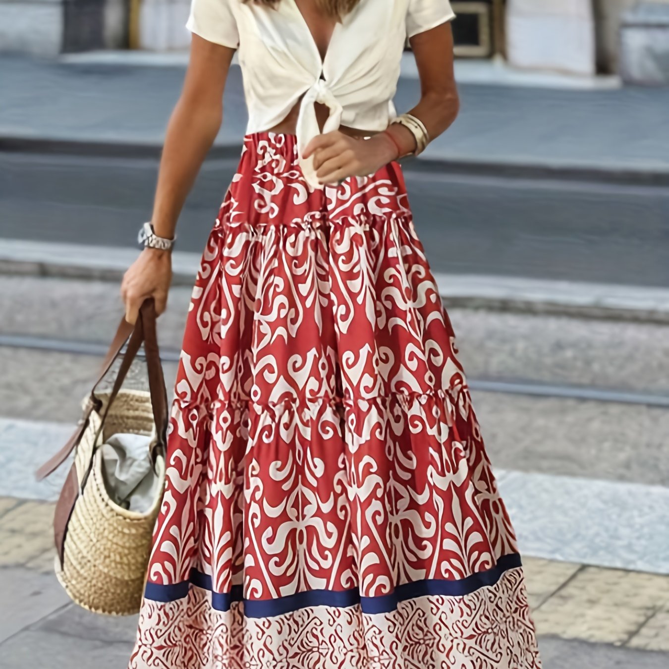  Tribal Print Ruffle Trim Smock Maxi Skirt