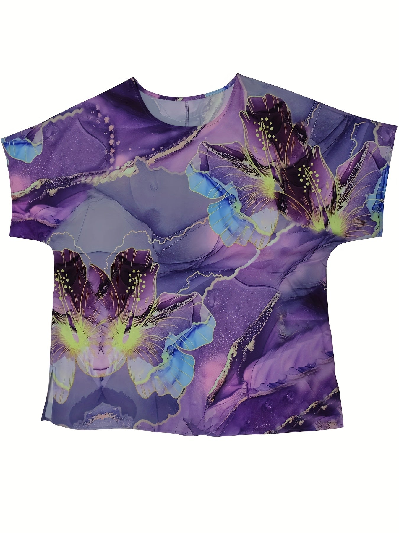  Boho Blouse Women's Plus Marble & Floral Print Drop Shoulder Short Sle