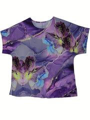  Boho Blouse Women's Plus Marble & Floral Print Drop Shoulder Short Sle