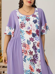  Colorblock Floral Print Butterfly Sleeve Maxi Dress
