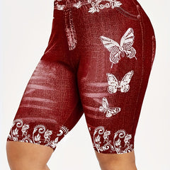 Butterflies Print Short Leggings Casual High Waist Elastic Bottoms