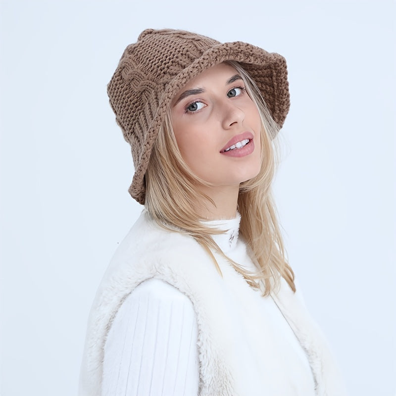 Cable Pattern Coldproof Thermal Women Knit Bucket Hat