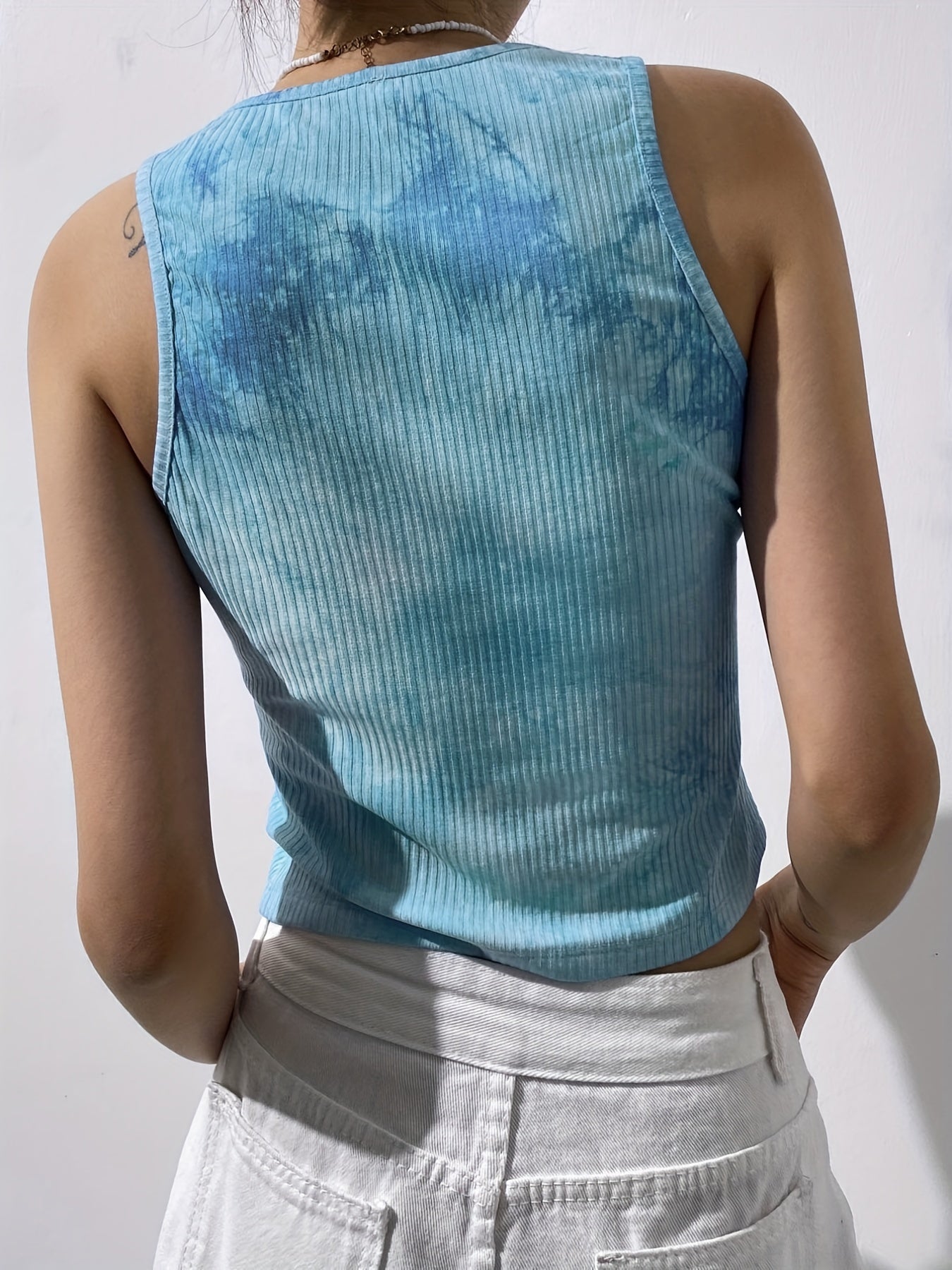 Graphic Print Ribbed Tank Top Y2K Crew Neck Summer Sleeveless Top Women's