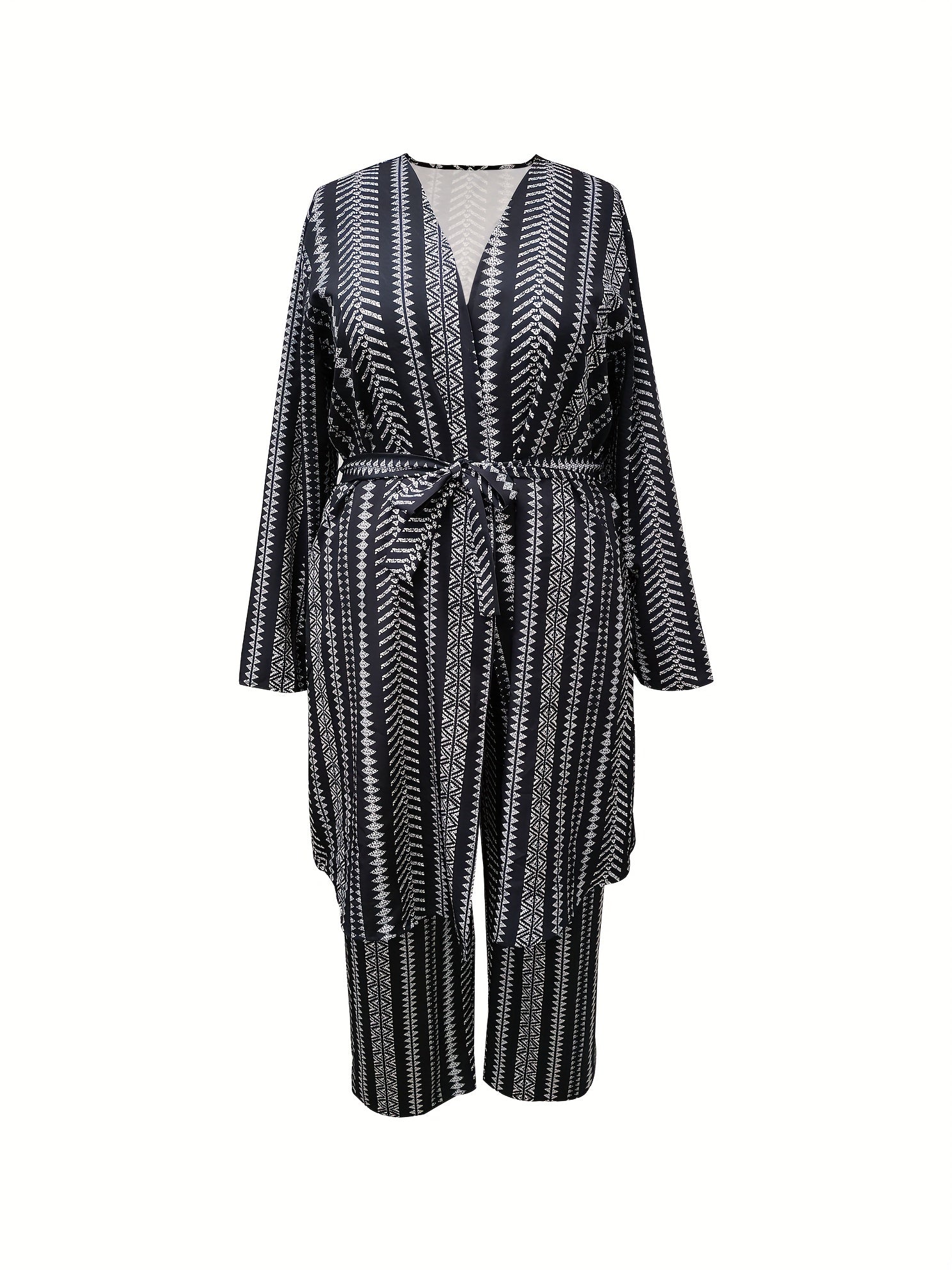  Geo Striped Long Sleeve Coat & Pants Outfits 2 Piece Set