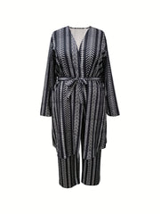  Geo Striped Long Sleeve Coat & Pants Outfits 2 Piece Set
