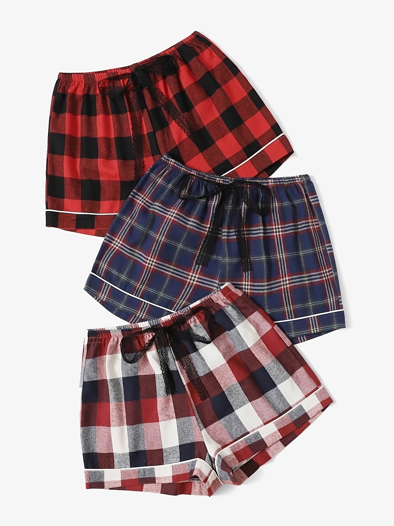 3-Pack Women's Red Plaid Tie Front Sleep Shorts