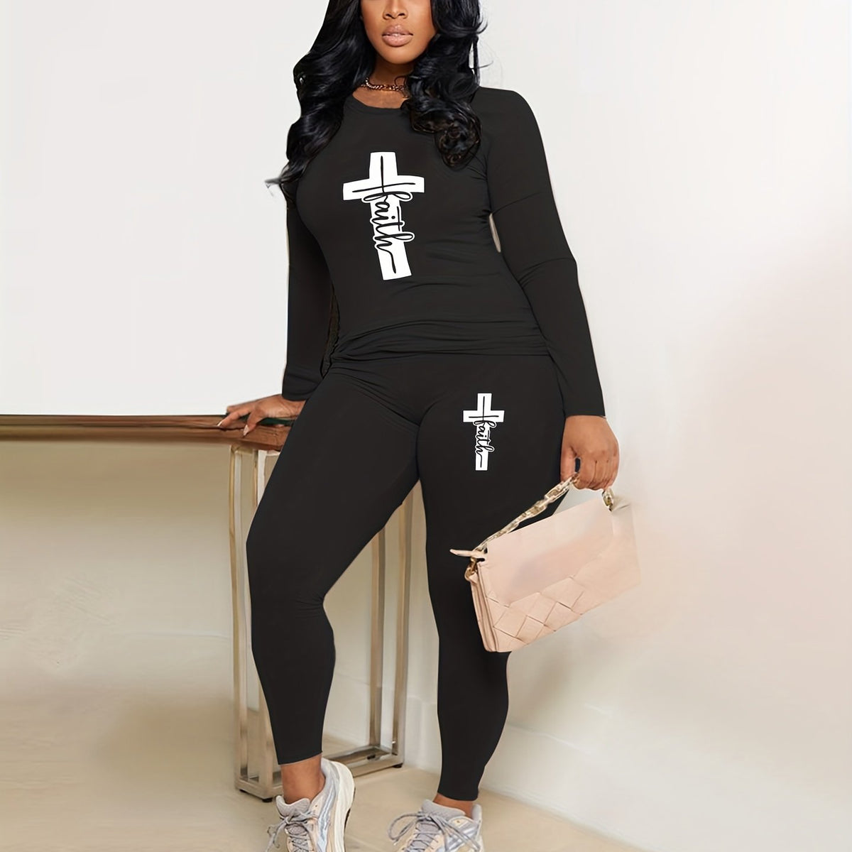 Cross & Letter Print Long Sleeve T-shirt & Leggings Set