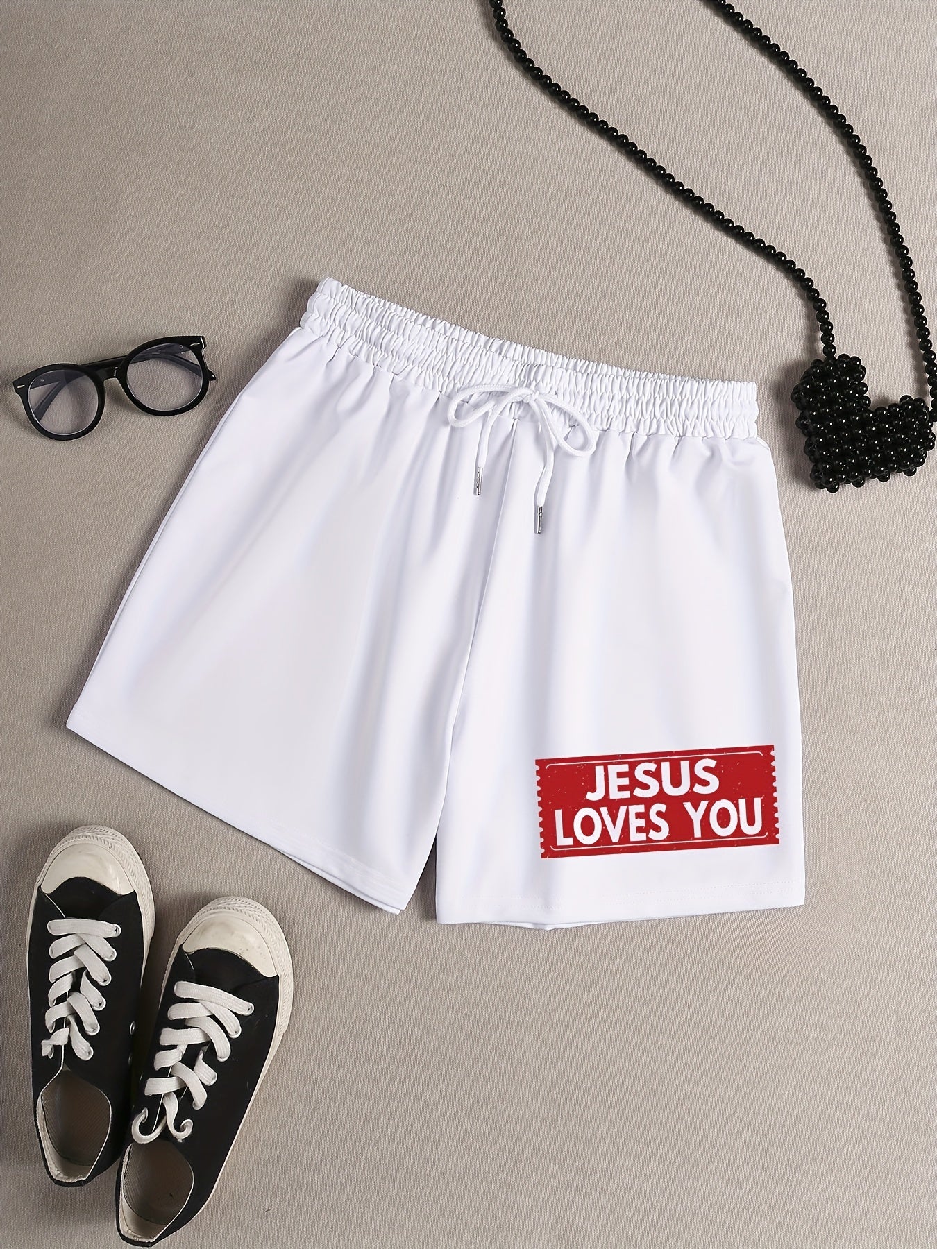  Slogan Print Elastic Waist Lounge Shorts