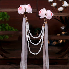 Chinese Style Flower Hair Clip With Faux Pearl Beaded Chain