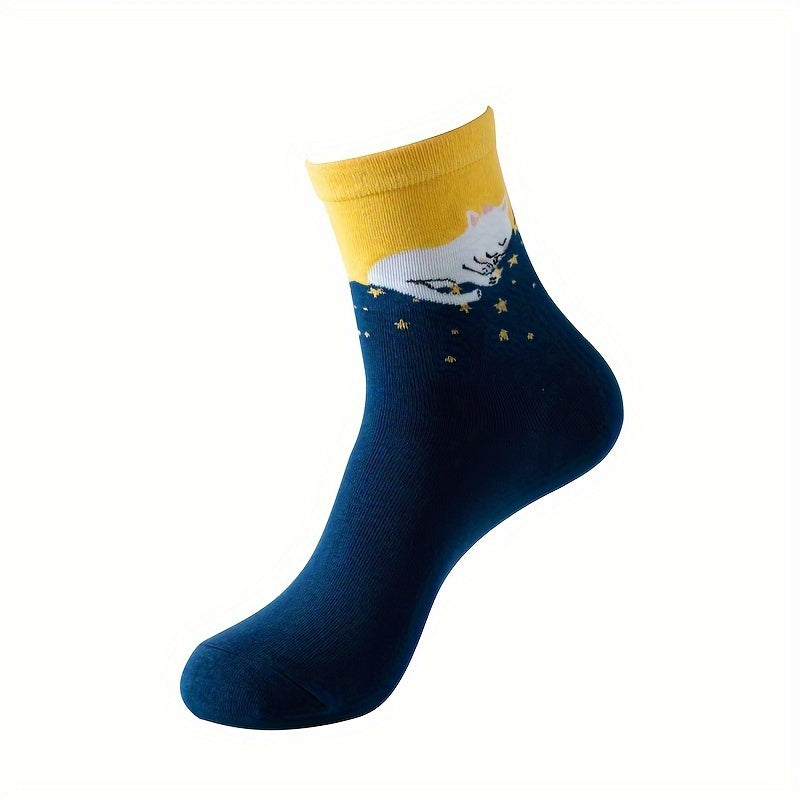 Moon & Cat Print Socks Soft Mid Tube Women's Stockings