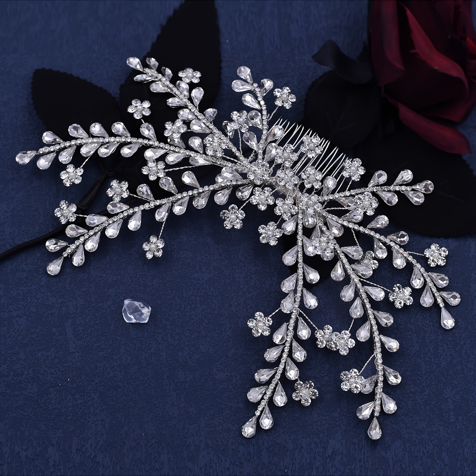 Bridal Hair Comb Rhinestones Pearls Floral Wedding Headpiece Bride