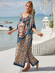  Leopard & Floral Print V Neck Maxi Cover Up Dress