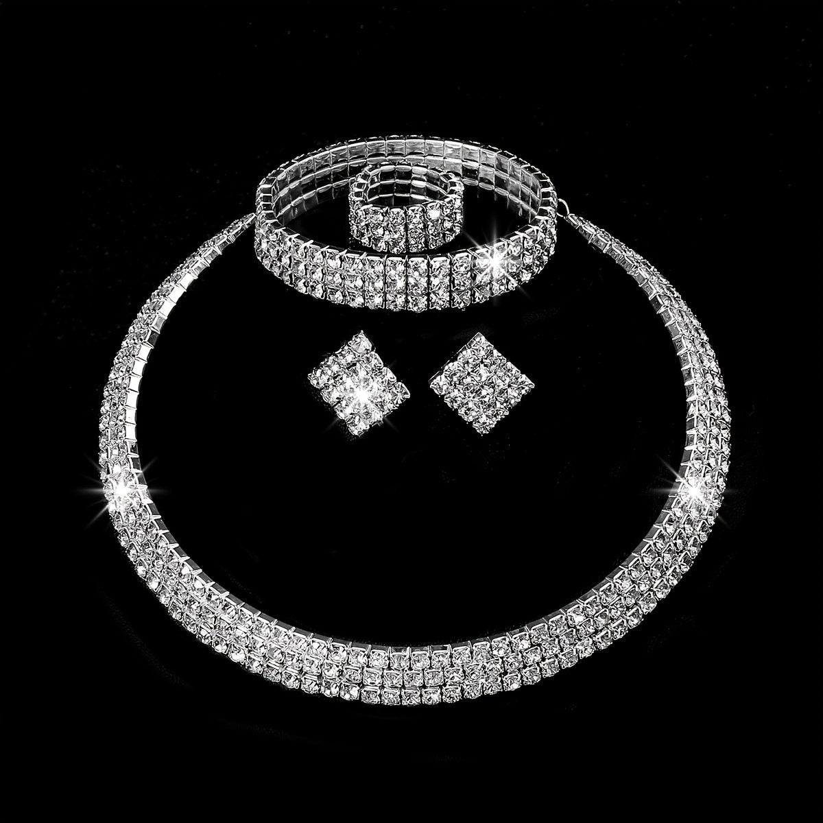 Rhinestone Crystal Jewelry Set: Choker Necklace, Earrings, Bracelet & Ring