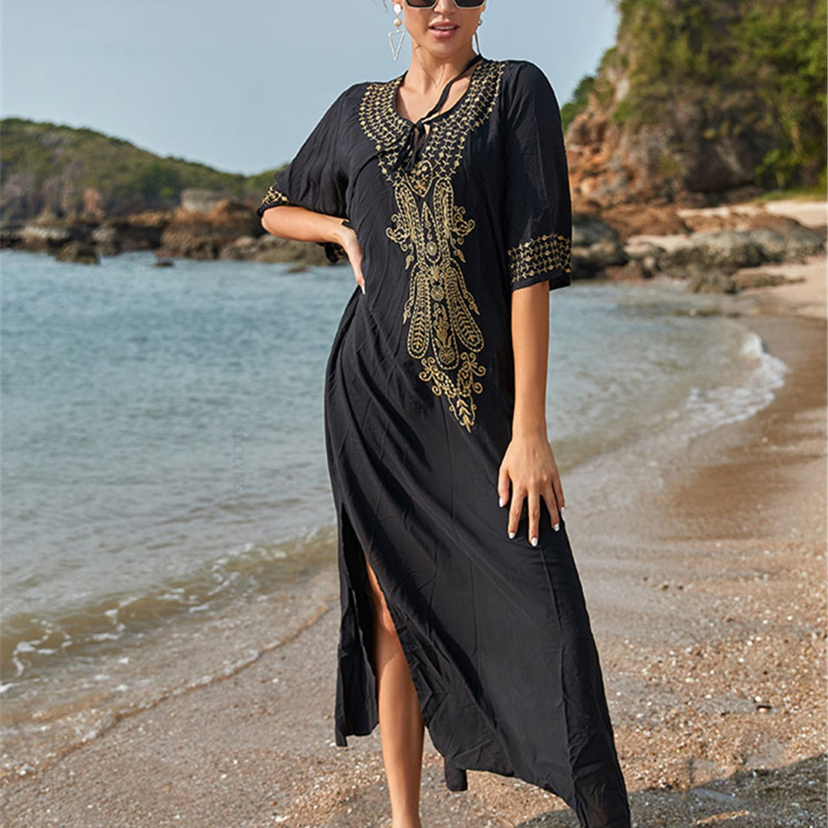Solid Maxi Dress Split Beach Vacation Dress Women's Clothing