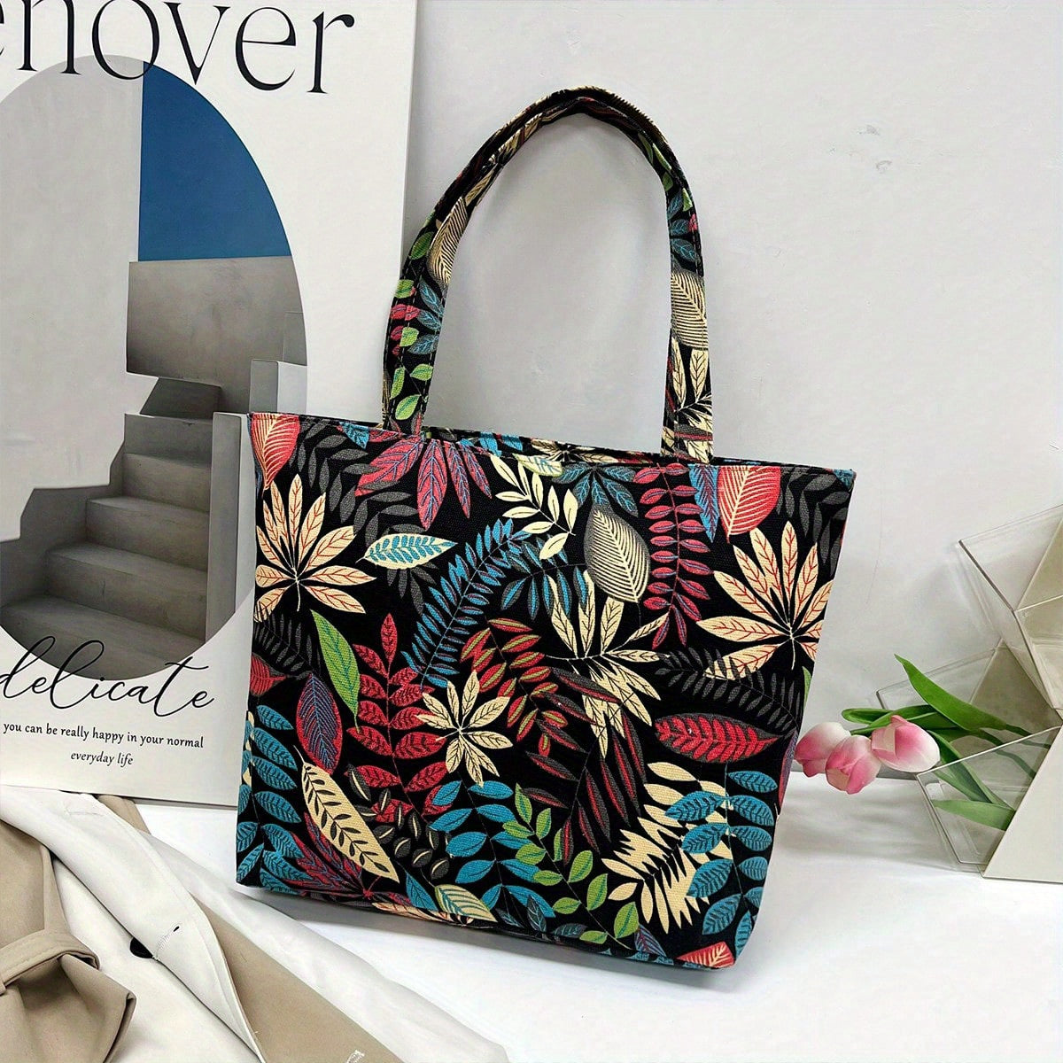 Vintage Leaves Pattern Lightweight Tote Bag All Match Handbag