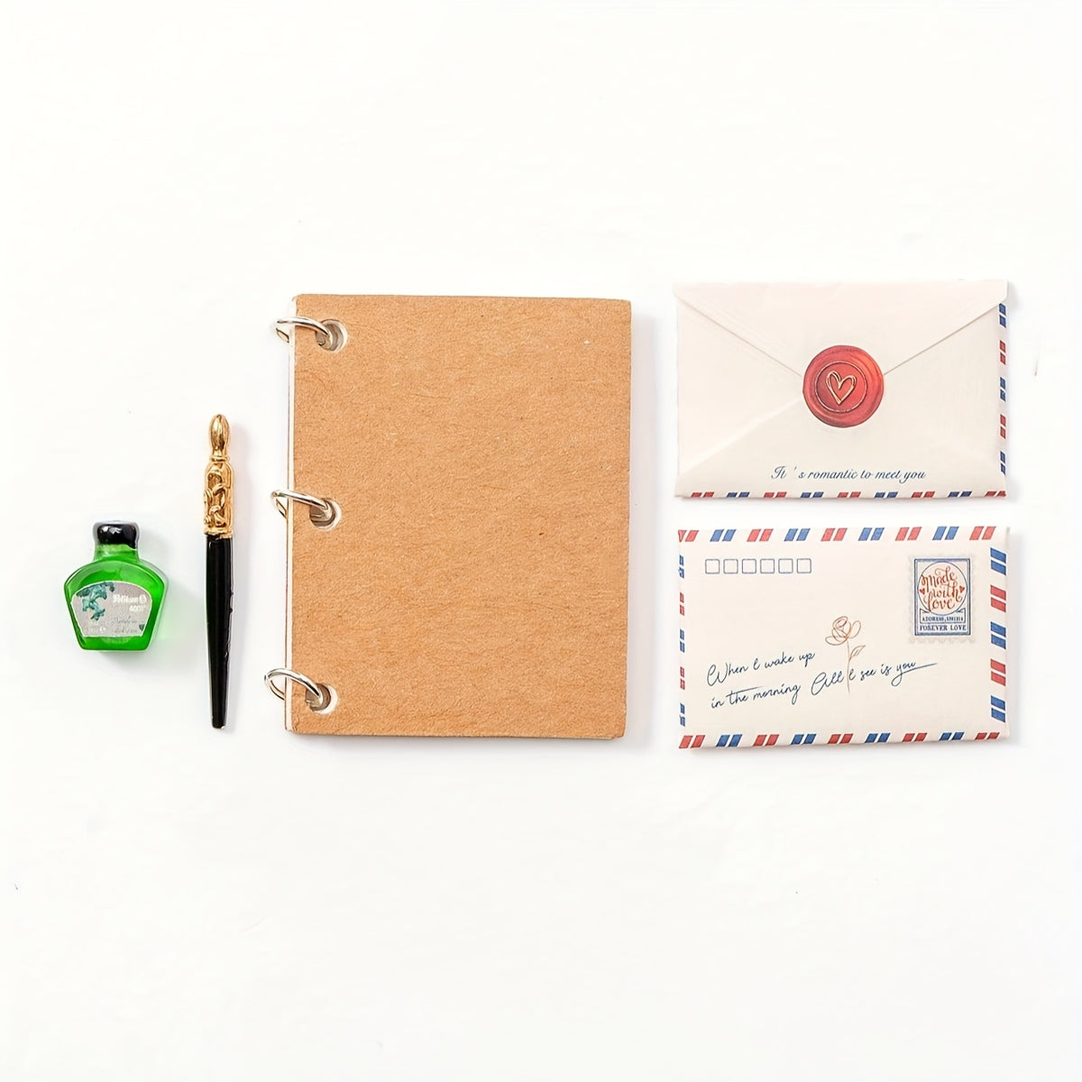 1:6 Dollhouse Retro Letter Set Fountain Pen Ink Notebook Envelope
