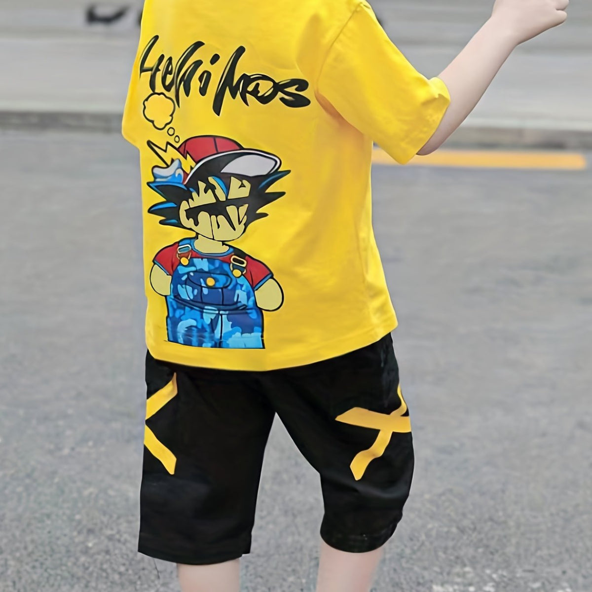 Boys Cartoon & Letter TShirt Set Round Neck Tees Top & Elastic Waist Shorts
