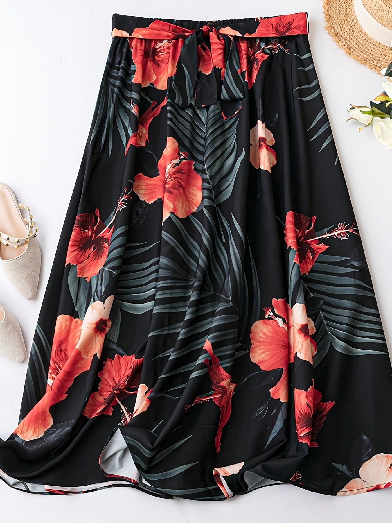  Tropical Print Elastic Waist Skirt With Belt