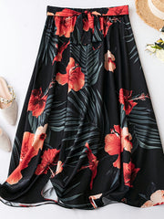  Tropical Print Elastic Waist Skirt With Belt