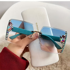 Rimless Square Sunglasses Rhinestone Gradient UV400