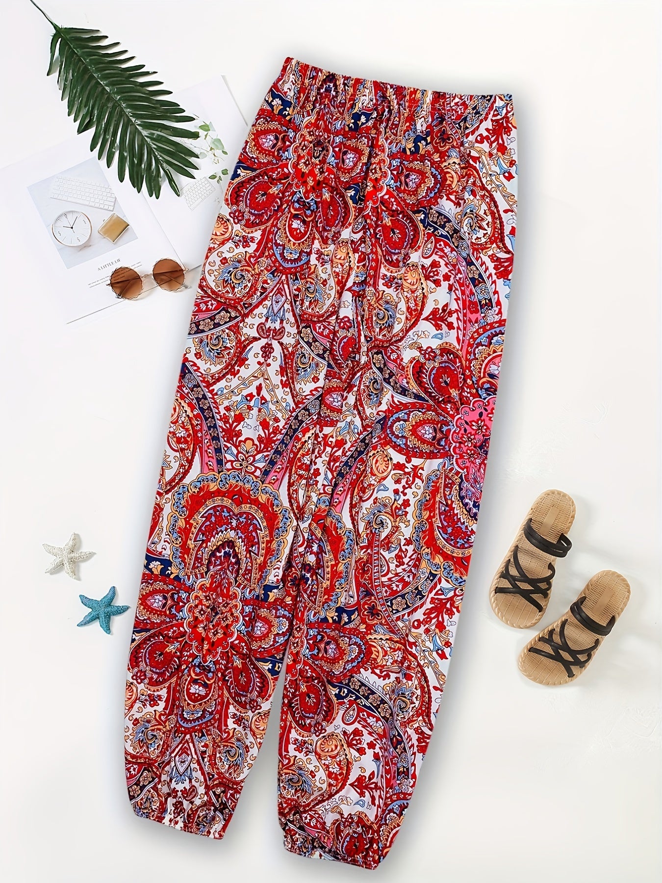 Ethnic Print Boho Elastic Waist Long Pants Women's Clothing